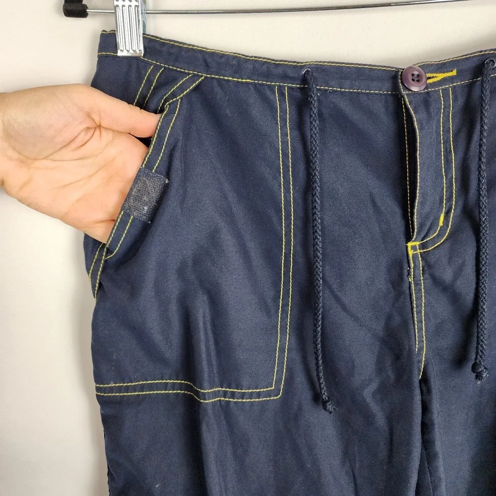Vintage Navy Cargo Pants Yellow Contrast Stitch Mesh Zip Hem Wide Leg Streetwear